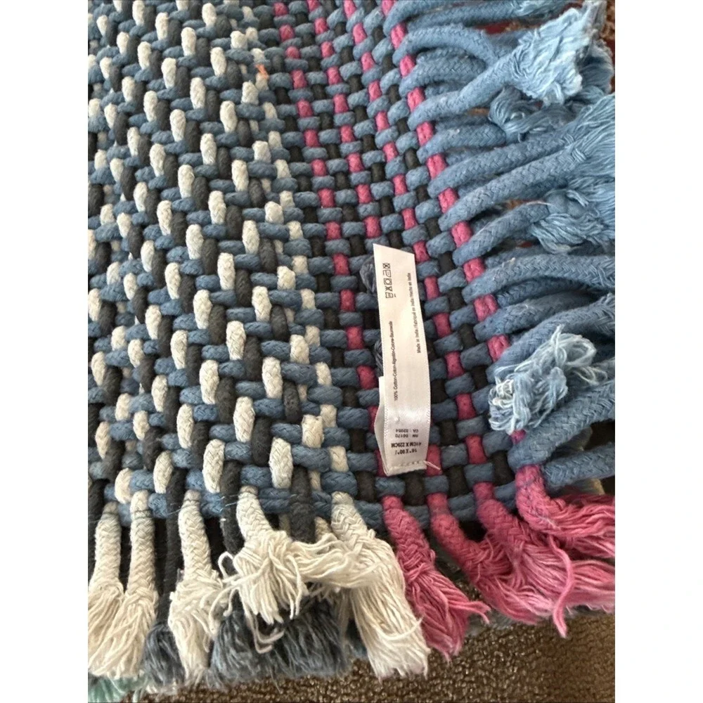 Anthropologie Bon Stripes Table Runner Woven Tufted Blue Woven Rope 16x 90